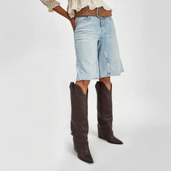 Women's Knee High Boots 3.7 Inch Heel Studded Fold Over Vegan Leather - Picture 6 of 7